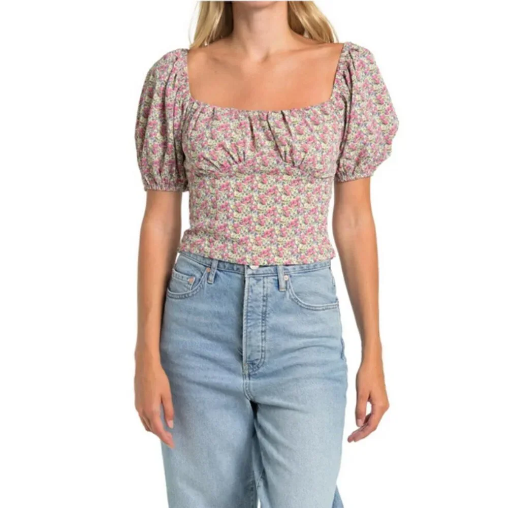 💕ASTR💕 Tie Back Bubble Sleeve Top ~ Yellow Multi Ditsy Large L NWT